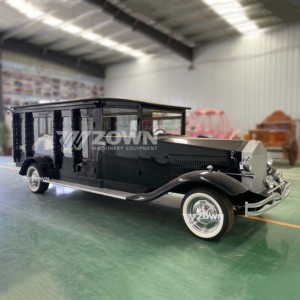 รถศพไฟฟ้าสีดำเงาแบบวินเทจพร้อมเสาประดับตกแต่งสำหรับงานศพ - Product Image 1