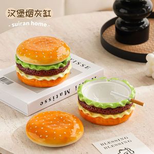 Creative Hamburger <b>Ashtray</b> With Lid <b>Ceramic</b> Round For Home Office Living Room - Product Image 2