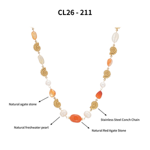 Collier style méditerranéen 2026 en agate rouge et coquillage doré, bijoux de plage pour femmes avec perles de culture d'eau douce naturelles CL26-211 - Product Image 3