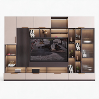 Meuble TV mural moderne rose clair et gris foncé avec portes en verre cannelé, écologique, compatible avec les téléviseurs de 65 pouces