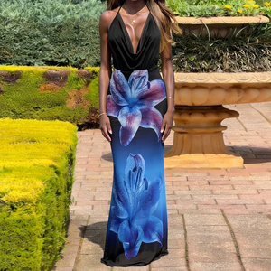 เดรสยาวลายดอกไม้สไตล์วันหยุดฤดูร้อน คอวี แต่งผ้าแบบแพทช์เวิร์ค เปิดหลัง เซ็กซี่  รัดเอว - Product Image 6