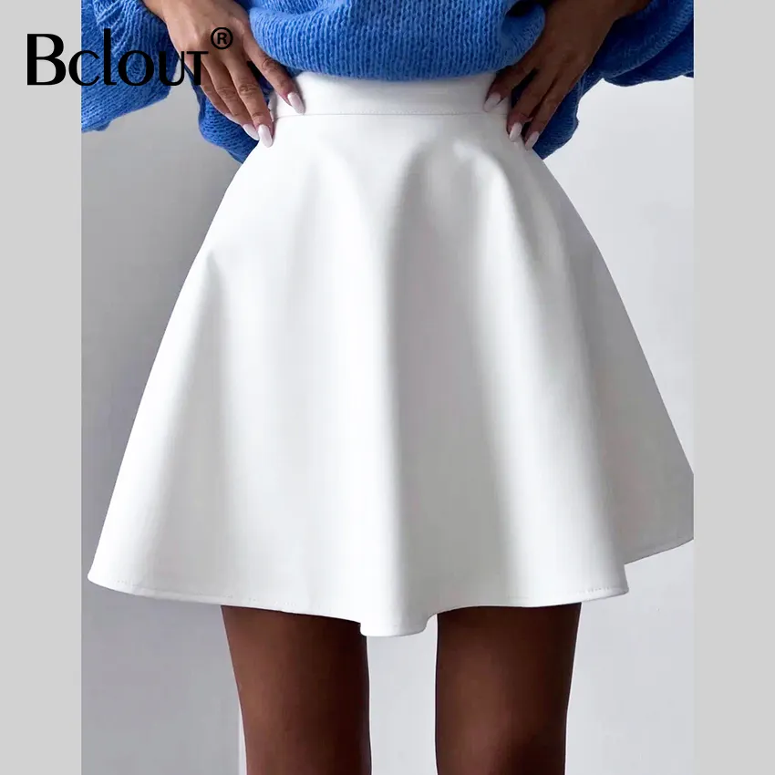 Bclout Fashion Pleated Party PU Skirt Female Women 2023 Winter Office Lady A-Line Sexy Mini Skirts Elegant White Leather Skirts