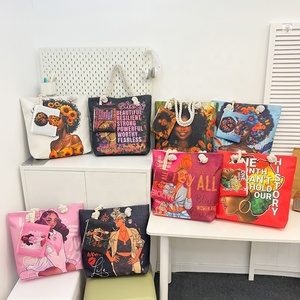 Schöne afroamerikanische Mädchen-Print-Einkaufstaschen und Geldbörsen, Canvas-Handtasche, modische Tragetasche mit Cartoon-Muster - Product Image 1