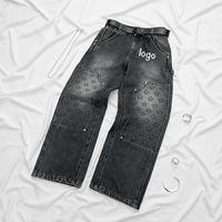 Jean en denim pour homme, taille haute, coupe large, délavé à l'acide, avec patch 3D gaufré personnalisé et rivets métalliques, style pantalon empilé