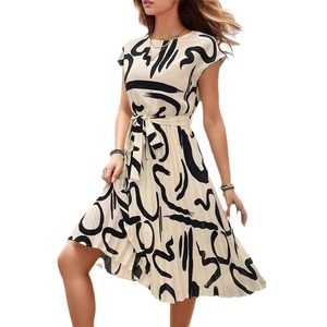 Summer New Women's Short Sleeve Printed Dress Round Neck Waist Trimming Large Swing Skirt - Product Image 5