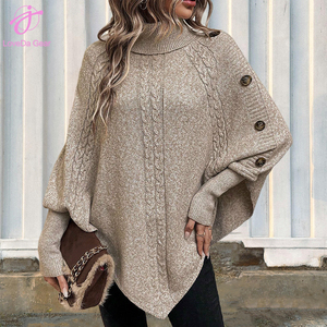 Loveda Venta al por mayor Mujeres Nuevo estilo Cable Knit Sweater Moda <span class=keywords><strong>Cuello</strong></span> alto Botón Decoración Manga larga Batwing Sweater - Product Image 4