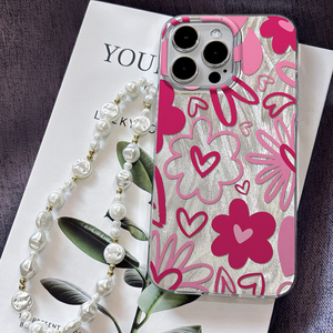 Coque <span class=keywords><strong>de</strong></span> téléphone antichoc en TPU souple avec motif floral rose, cœur argenté, peinture UV, et lanière perlée <span class=keywords><strong>pour</strong></span> iPhone 16 15 14 Pro Max avec protection d'objectif - Product Image 2