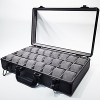 Boîte de rangement haut de gamme pour montres en aluminium, 24 emplacements, avec fenêtre en verre, en velours gris ardoise, type mallette de présentation