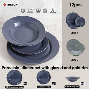 Vente en gros de la vaisselle en porcelaine TRESUN Classic Gold Rim Blue Glazed, ensemble de 12 pièces, pour mariage, compatible micro-ondes et lave-vaisselle, prix avantageux - Product Image 5