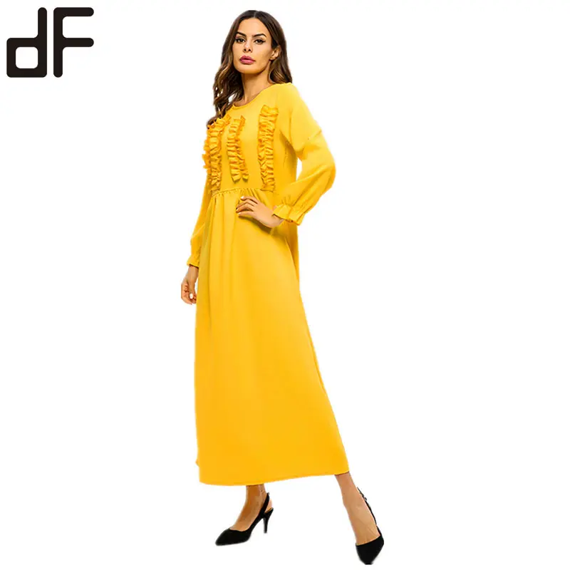 OEM-vestido de fiesta de manga larga para mujer, informal, a la moda, sencillo, liso, amarillo, elegante, para graduación