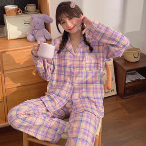 Ins Violet Plaid Pyjamas Printemps et Été Rétro Japonais Plaid Filles À L'extérieur Confortable Revers <span class=keywords><strong>Homewear</strong></span> - Product Image 2