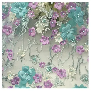 Tessuto di pizzo di tulle ricamo di fascia alta, tessuto di pizzo ricamo di lusso da sposa in maglia di perle di fiori 3D per abito da sposa