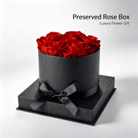 Boîte Cadeau Cylindrique Ronde avec Rose Rouge Éternelle Préservée, Boîte Chapeau Noire pour la Saint-Valentin, Anniversaire, Cadeau Romantique, Vente en Gros
