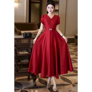 French Vintage Solid Elegant Fashion Big Swing Drapey <strong>Temperament</strong> Women's Waist Slimming Short Sleeve High-end Summer Long Skirt - Product Image 2