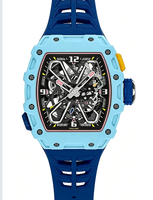 Montre-bracelet automatique pour homme, forme tonneau, mouvement squelette complet, bracelet en caoutchouc, style sport décontracté