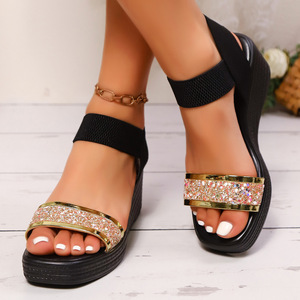 Nouvelles sandales compensées élastiques à paillettes pour femmes, style européen et américain, à plateforme et semelle épaisse, pour l'été - Product Image 6