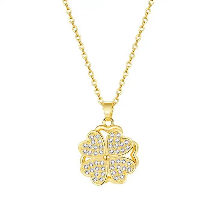 Stainless steel Jewellery 18k Gold Plated CZ Diamond Spinning Rotating Pendant Four 4 Heart Leaf Clover Necklaces For women