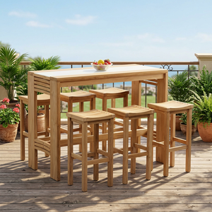 Conjunto de Bar para Exteriores de Teca Mediterránea, Muebles de Madera Rectangulares Modernos y Duraderos, Taburetes y Mesa para Cocina, Comedor y Patio - Product Image 1