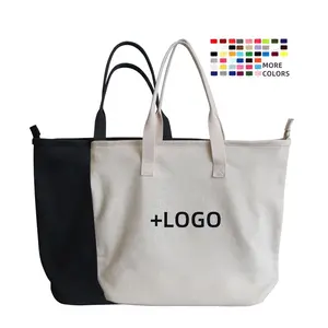 Promotional Custom Designer Black White Natural Zipper Closer Heavy Duty Cotton Canvas Shopping Bag