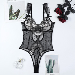 Nouvelle combinaison de lingerie érotique <span class=keywords><strong>sexy</strong></span> noire en dentelle brodée de fleurs et de pois, ajourée et transparente pour femme 2026 - Product Image 6