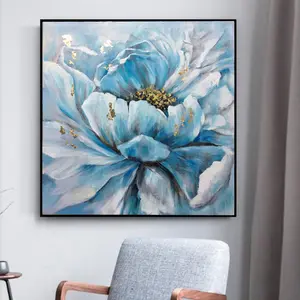 100% Handmade Modern Wall Art Blue Floral Oil Painting On Canvas Beautiful Flowers Artwork For Living Room Office Home Decor