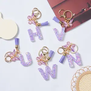 Luxury Star Purple Sequin A-Z 26 Letter Tassels Keychain Accessories Butterfly Acrylic Key Rings