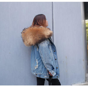 Parka in Denim cappotto in pelliccia Jeans Parka pelliccia di procione <span class=keywords><strong>giacca</strong></span> da donna con pelliccia di procione con cappuccio, abbigliamento invernale Plus Size - Product Image 6