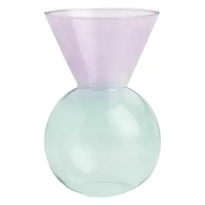 Vas kaca borosilikat banyak warna yang dibuat sesuai pesanan, vas ungu muda hijau muda dengan dasar bulat dan leher kerucut
