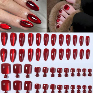 Lot de 48 faux <span class=keywords><strong>ongles</strong></span> à presser pour les mains et les orteils, effet œil de chat rouge <span class=keywords><strong>bordeaux</strong></span>, forme amande carrée, brillants, magnétiques, réutilisables - Product Image 1