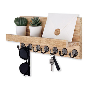 Wooden Key Holder Wall Mounted With Shelf 5 Hooks For Keys And Mail Storage Rectangle Shape - Product Image 4