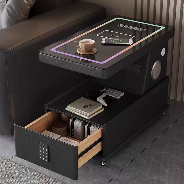 Luxury Mobile Coffee Table Solid Wood Bedside Cabinet Smart Wireless Charging Bluetooth Speaker Password-Locked Multi-Functional