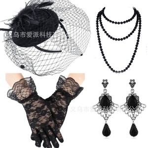 Women's Imitation Pearl Necklace Gloves Earrings <b>Set</b> Party Fashion Jewelry Three Piece Black Lace Gloves <b>Beaded</b> Necklace - Product Image 2