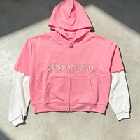 Sweat à capuche unisexe gris surdimensionné personnalisé, à manches courtes, avec design superposé, en polaire vintage, style streetwear, avec numéro sportif et fermeture éclair au dos