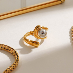 Geometric Gold <b>Ring</b> With <b>Silver</b> Ball Tension Setting <b>Adjustable</b> Unisex Jewelry Gift - Product Image 2