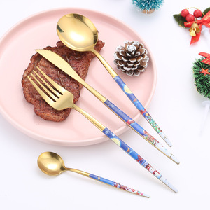 Christmas Stainless Steel Cutlery Set 4 Piece Gold Plated Holiday Tableware Gift Box Western Dinnerware - Product Image 4