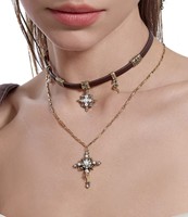 Kalung Kulit Salib Stellar Lapis Ganda Unisex Berlapis Perak Paduan Tembaga Manis Keren Misterius Perhiasan Liburan Modis