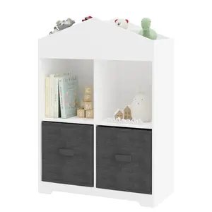Toddler Children Bookshelf Bedroom Toy Book Storage Organizer Shelf Wooden Kids Cabinet With 2 Fabric Box