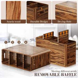 Support à couverts en bois d'acacia Yirilan pour comptoir de cuisine avec 4 compartiments, style rustique, conteneur de rangement 39,9x39,9x11,9cm - Product Image 3