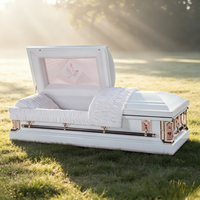 Cercueil métallique semi-couché blanc brillant - Broderie de roses roses et intérieur rose clair (pour adulte, vente en gros)