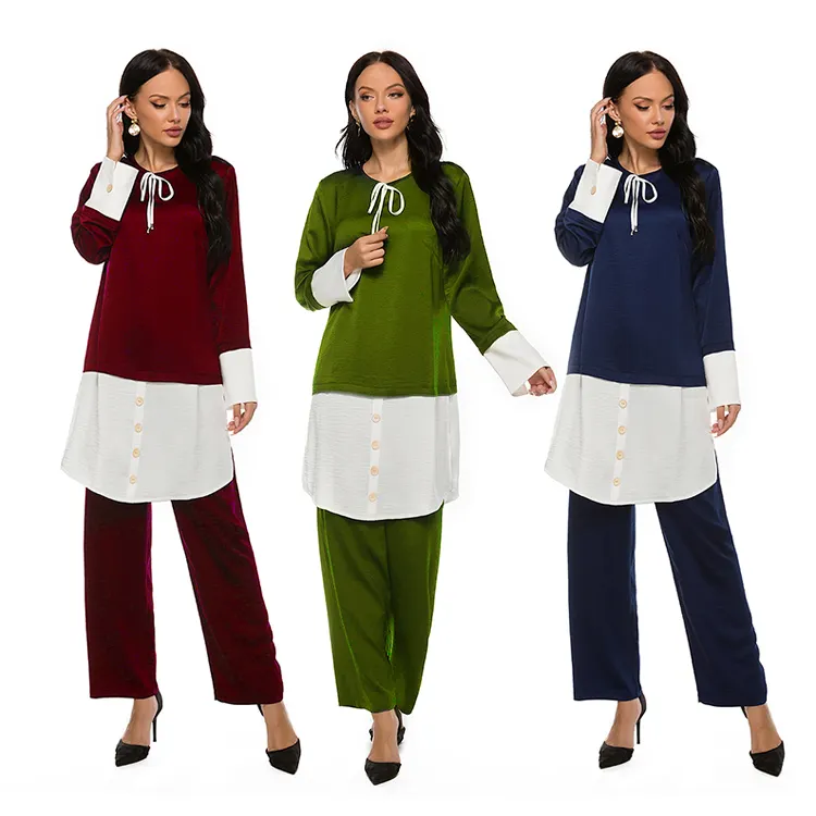 2021 New Arrival malay muslim women suits contrast color girl two-pieces clothes set top and pants