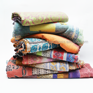 Handmade Kantha Patchwork <b>Quilt</b> Reversible Cotton Sari Throw <b>Vintage</b> Style Hand-Stitched Twin Size Hotel Use Bedding Home Decor - Product Image 1