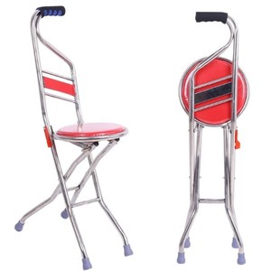 Stainless Steel Cane <b>Stool</b> Adjustable Four Legged Foldable With Red Seat For Support And Sitting - Product Image 4