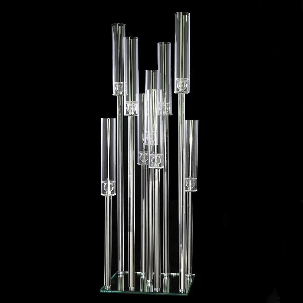 Mh-zt0123 candeliere in vetro a 9 colonne candelabri in cristallo centrotavola per decorazioni di nozze con tubo di vetro