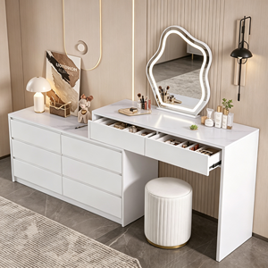 Coiffeuse moderne blanche avec miroir LED, meuble de rangement et tabouret pour chambre à coucher - Product Image 1
