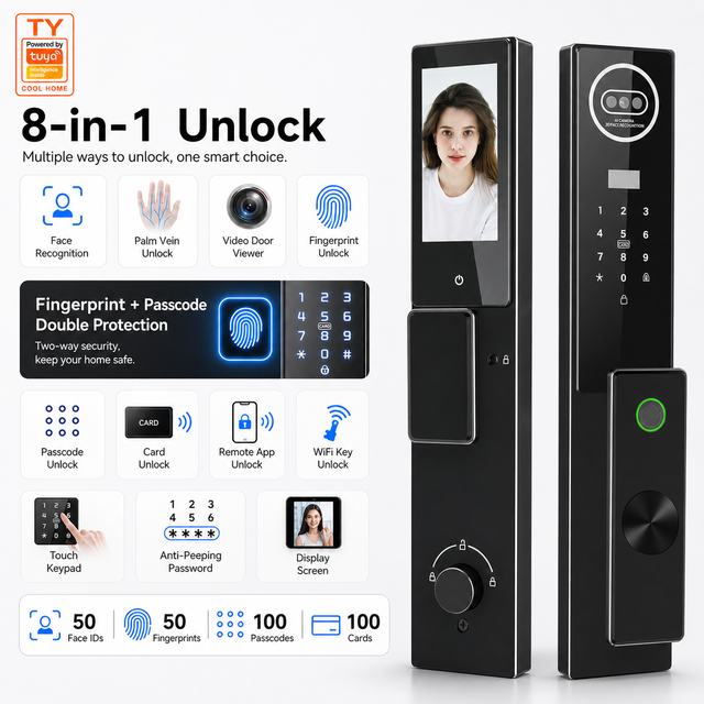 8 in 1 Face Recognition Palm Vein Camera Fingerprint Password Card App Mechanical Key Smart Door Lock