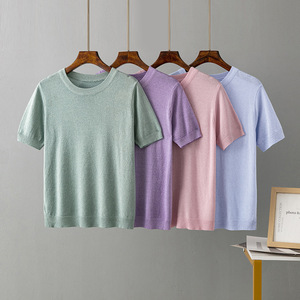 เสื้อยืดถักสั่งทำจากโรงงาน เสื้อถักแขนสั้นคอกลมสำหรับผู้หญิง คุณภาพสูง เสื้อถักลำลองพื้นฐานสำหรับฤดูร้อน - Product Image 1