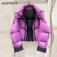 JANVENY 2024 nouveau hiver couleur contrastée à capuche recadrée doudoune femmes deux faces épaissi blanc duvet de canard chaud pain manteau