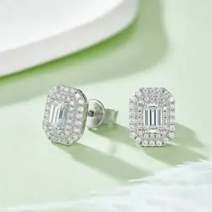 Fine Jewelry Real Moissanite 925 Sterling Silver Earrings Emerald Cut Moissanite Diamond Stud Earring For Women Wedding
