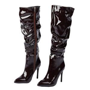 Botas por encima de la rodilla para mujer con cremallera lateral, diseño de arrugas naturales, punta puntiaguda, tacones de aguja, ajuste ceñido, botas de tacón alto a la moda - Product Image 5