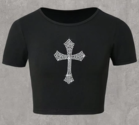 Fabrication de t-shirt court personnalisé sexy en cristal avec logo en strass pour femmes t-shirt ras du cou fitness à la mode pour dames